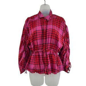 Free People Shirt Womens XS Red Pink Plaid Pacific Dawn Drawstring NWT